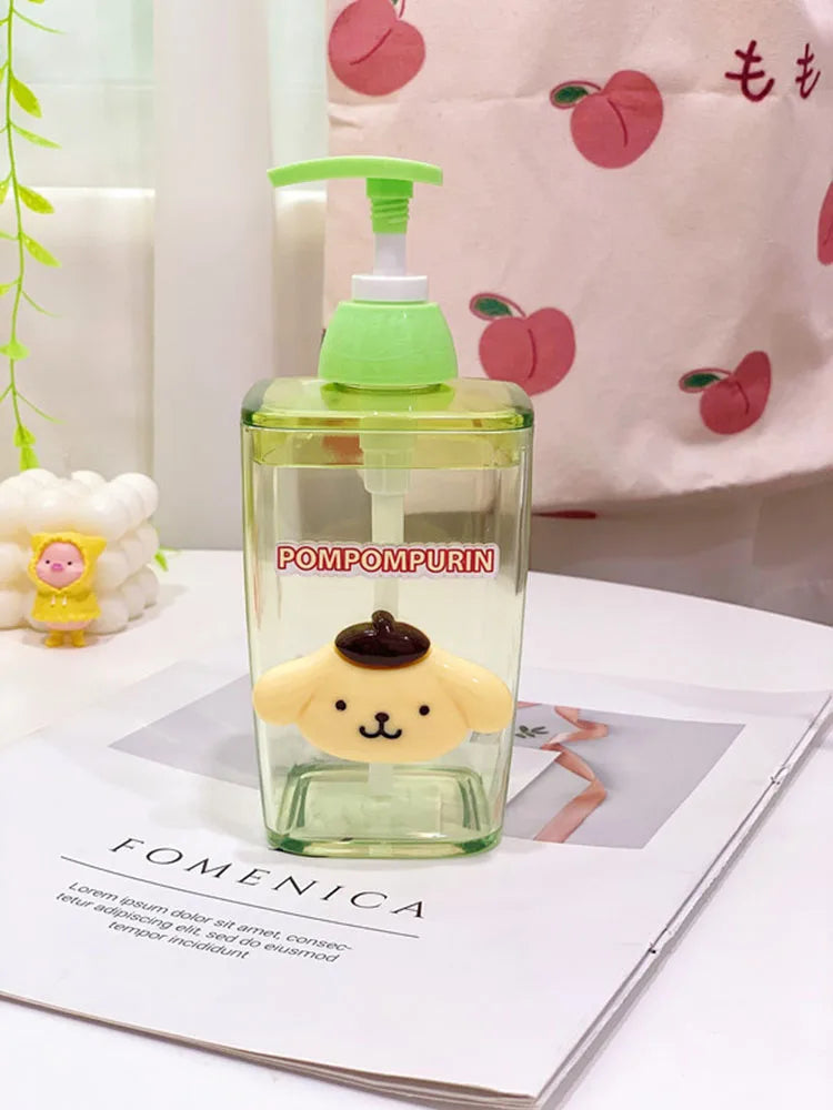 Pompompurin-themed bottle on a magazine with a soft pink background