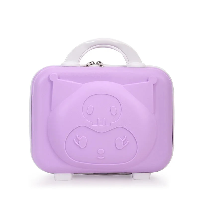 Purple toy suitcase with a cartoon face design on a white background