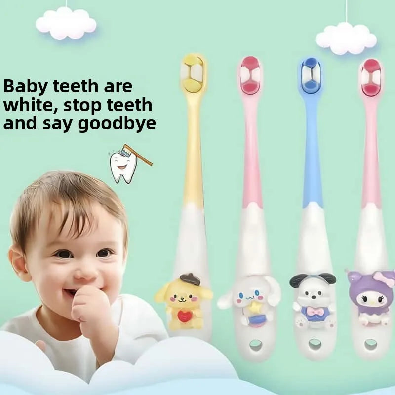 Cartoon toothbrushes with cute animal designs on a light green background, accompanied by a child and text.
