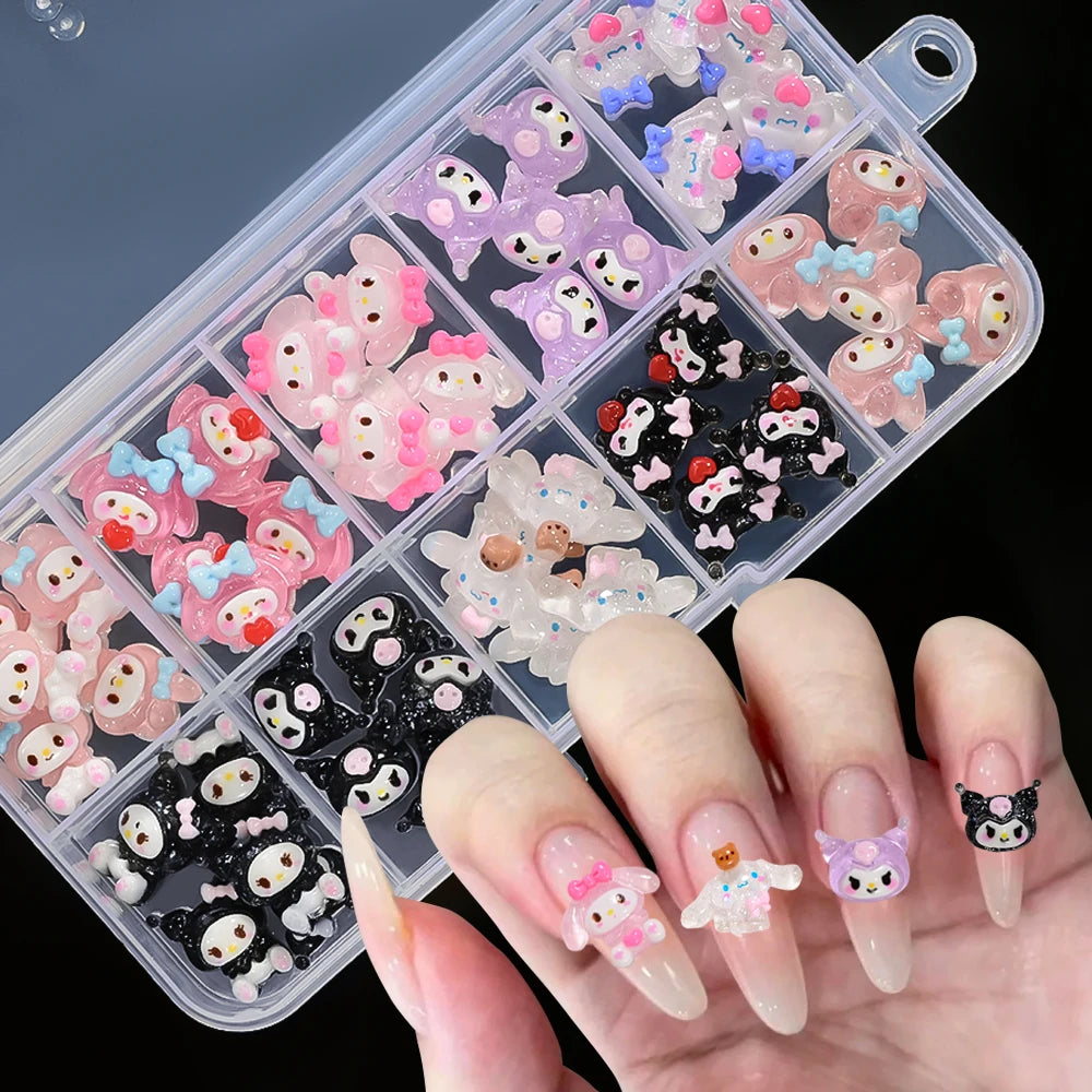 Nail art decorations in a clear organizer with a hand showcasing applied designs.