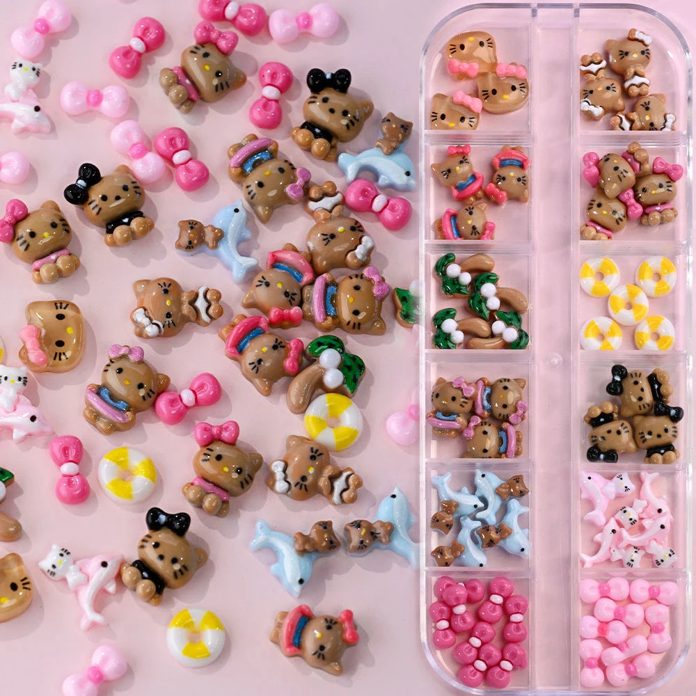 Collection of small bear-shaped decorative items with a pink background