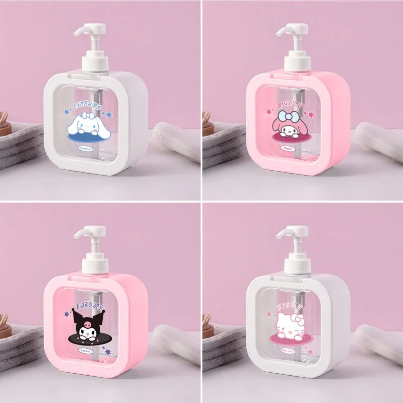 Four different designs of a cartoon-themed soap dispenser on a pink background.