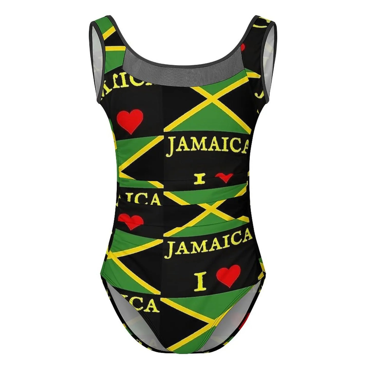One-piece swimsuit with Jamaican flag design on a white background
