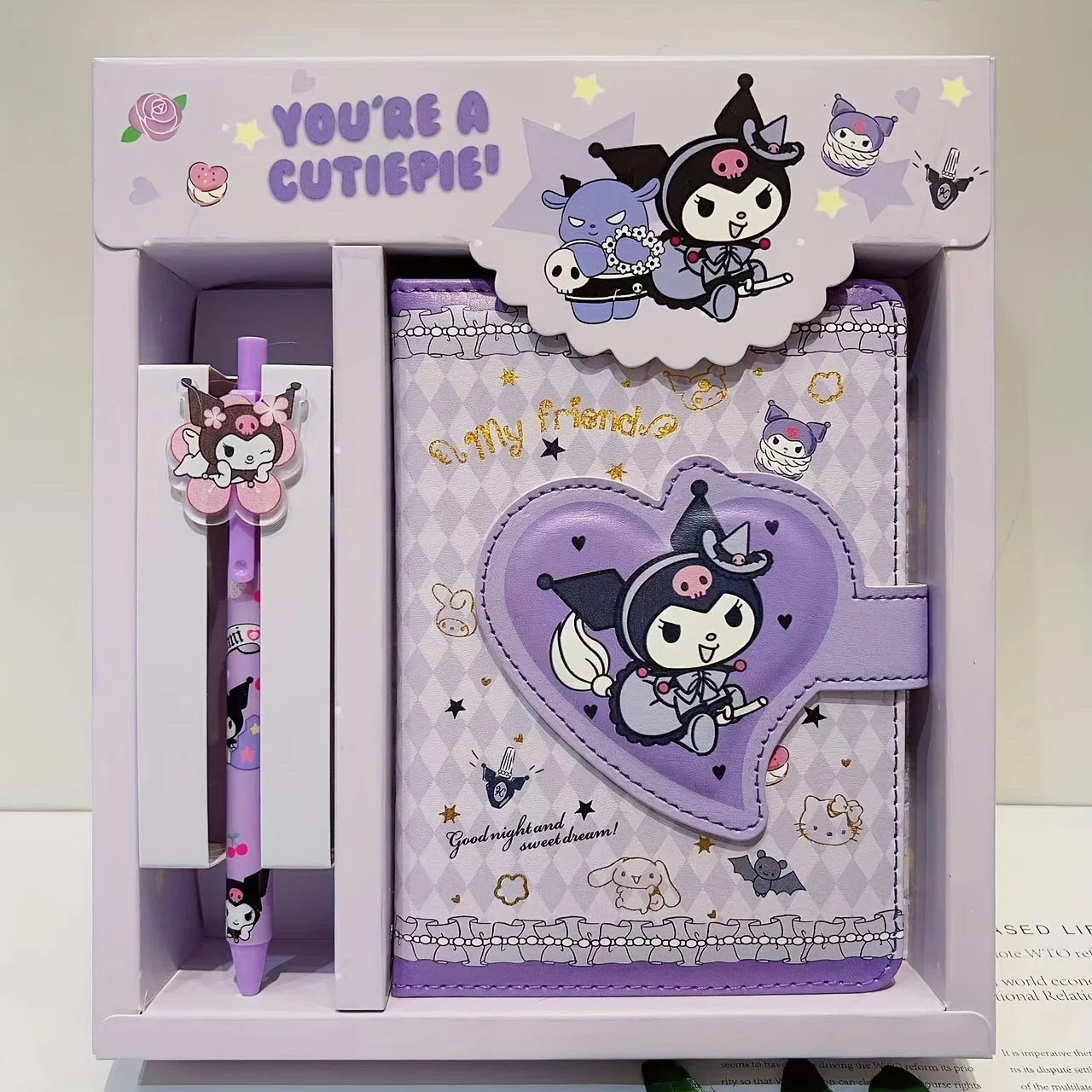 Purple stationery set with cartoon character design in a box