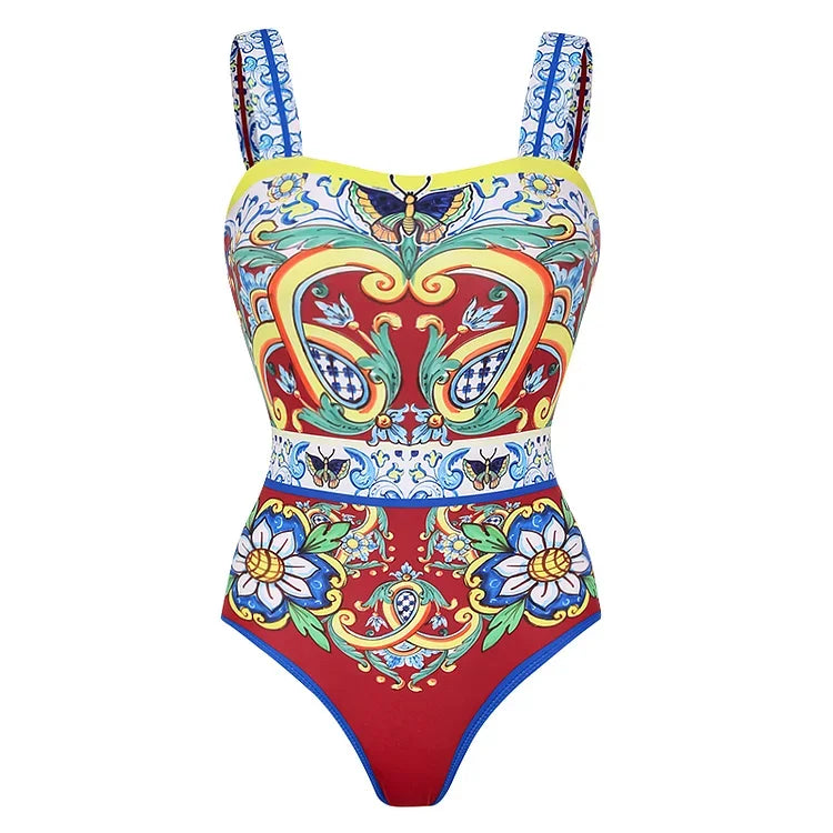 Colorful patterned swimsuit on a white background