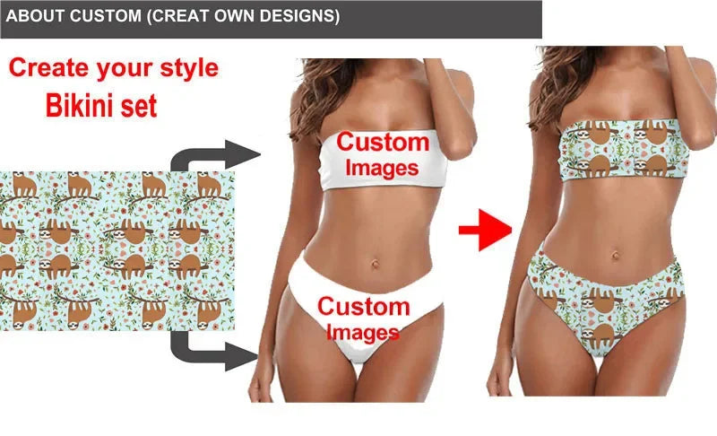Bikini set with customizable images on a white background