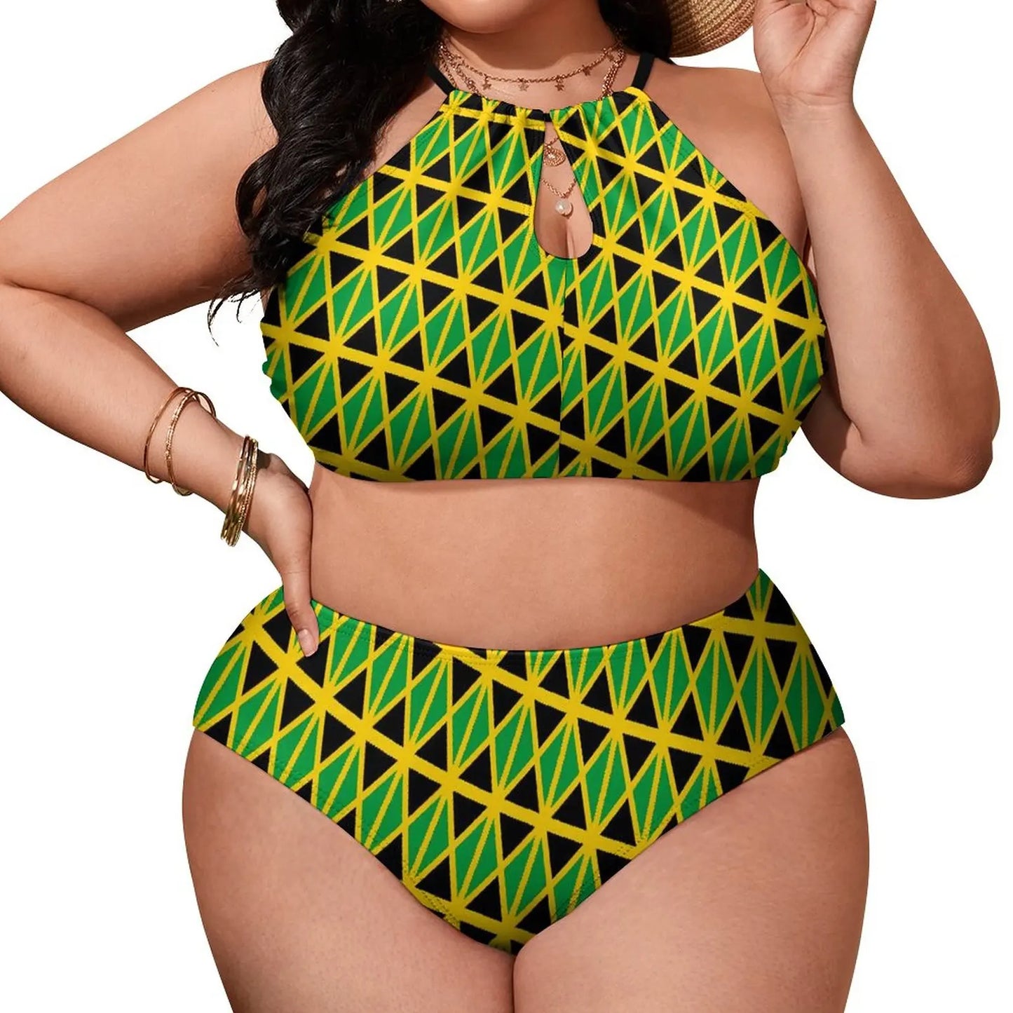 Woman wearing a green and yellow geometric patterned two-piece swimsuit on a white background