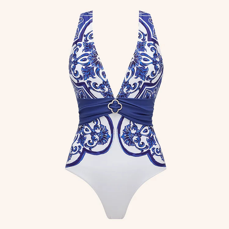 Blue and white patterned swimsuit on a white background
