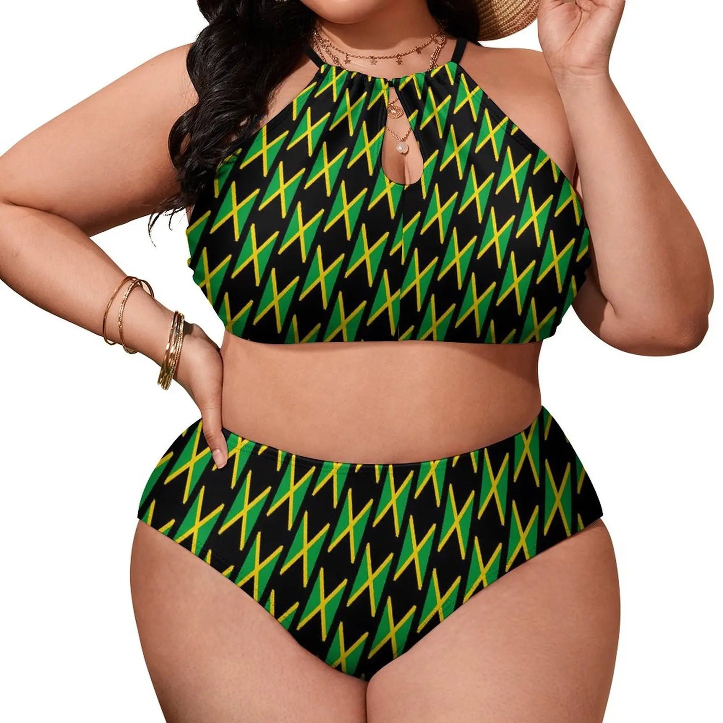 Woman wearing a black, green, and yellow patterned two-piece outfit on a white background