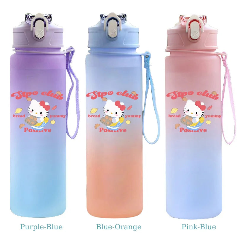 Three gradient water bottles with Hello Kitty design on a white background