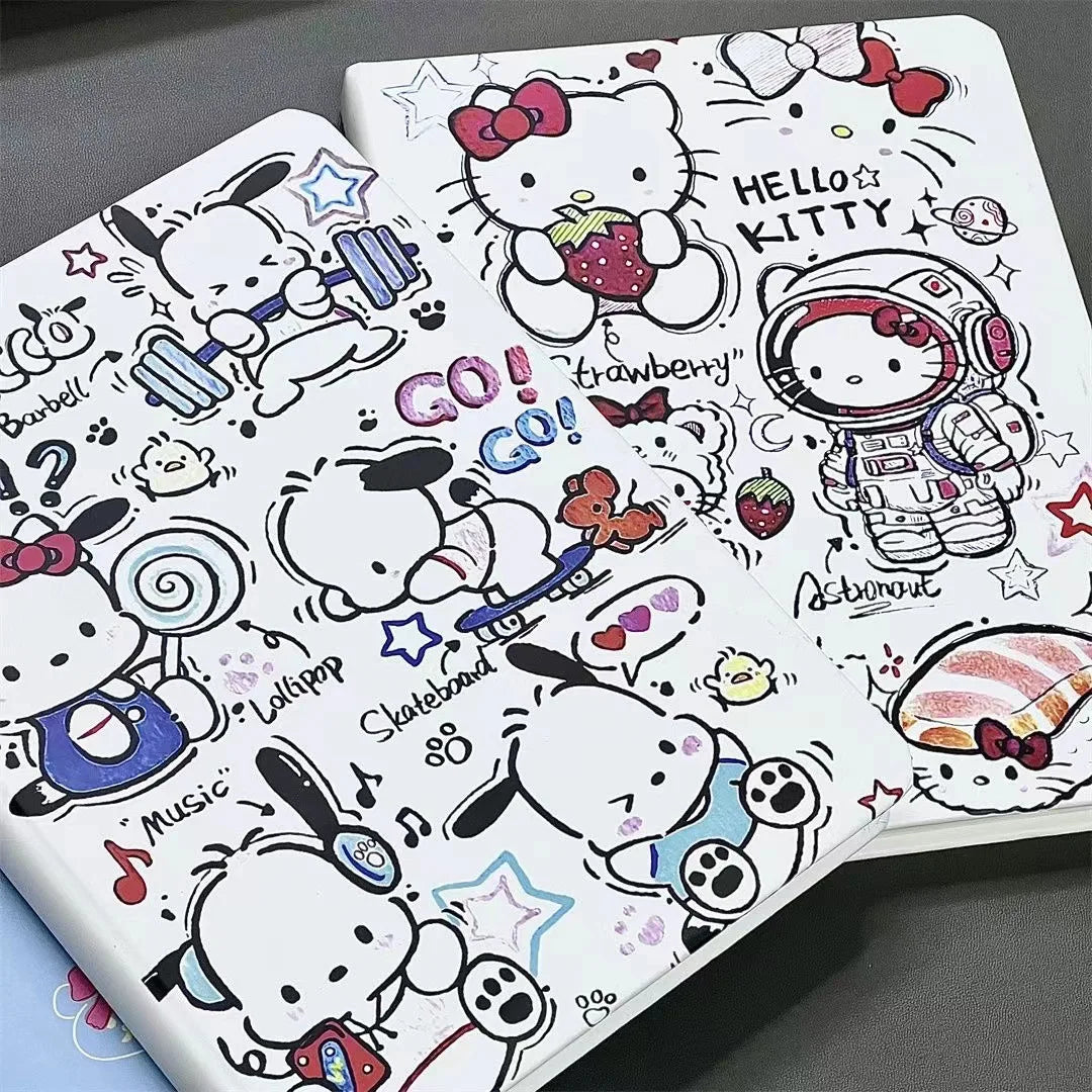 Two notebooks with Hello Kitty and friends illustrations on a gray surface