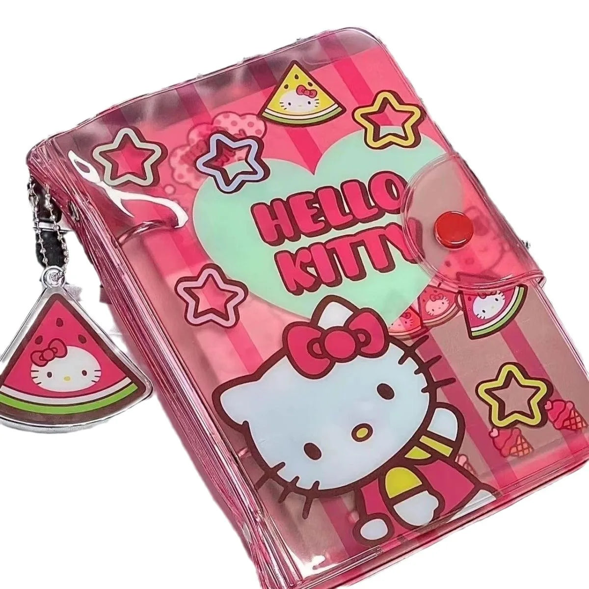 Hello Kitty-themed pink pouch with watermelon slices and stars on a white background