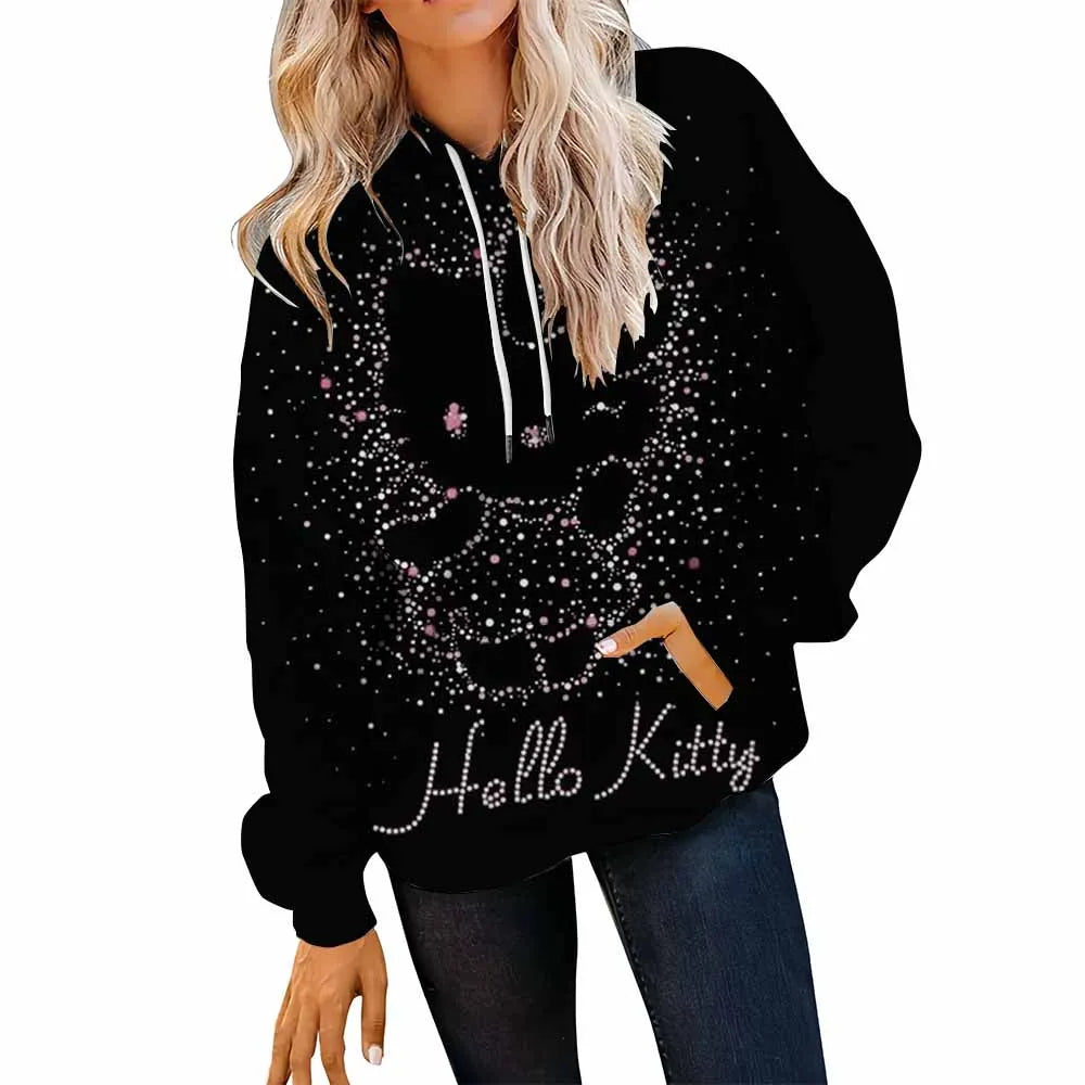 Black 'Hello Kitty' hoodie with rhinestone details on a white background