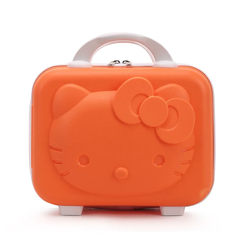 Orange suitcase with a Hello Kitty design on a white background