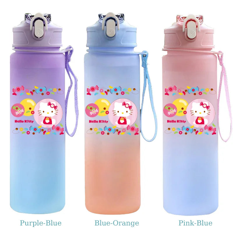 Three Hello Kitty water bottles in purple, blue, and pink with colorful designs on a white background.