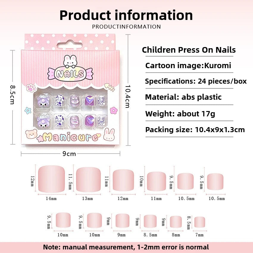 Children's press-on nails with packaging and specifications on a white background