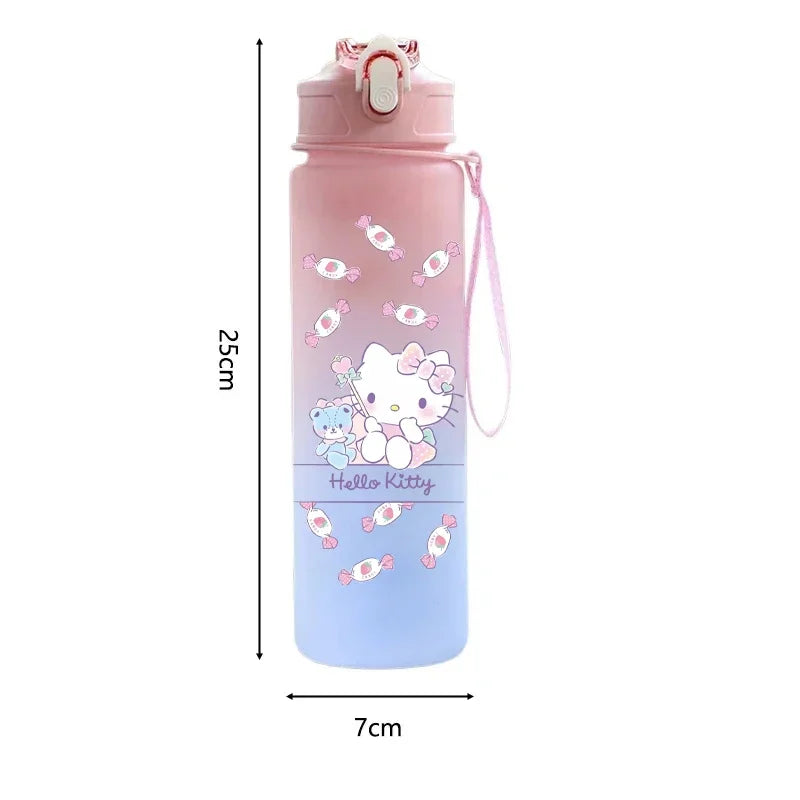 Hello Kitty water bottle with measurements on a white background