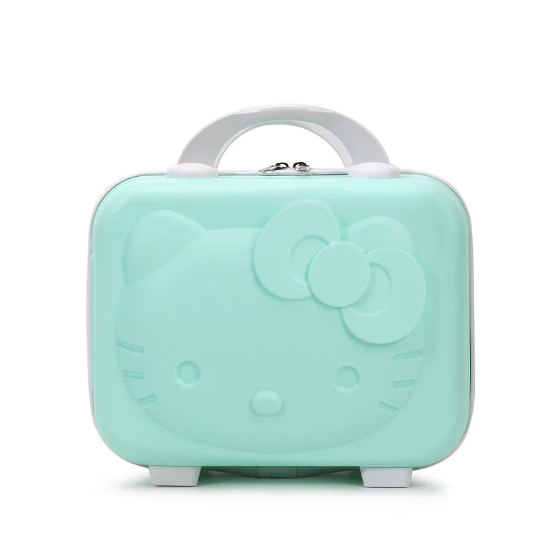 Mint green makeup case with Hello Kitty design on a white background