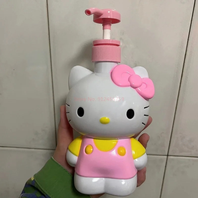Hello Kitty-themed bottle with pink pump on a soft surface