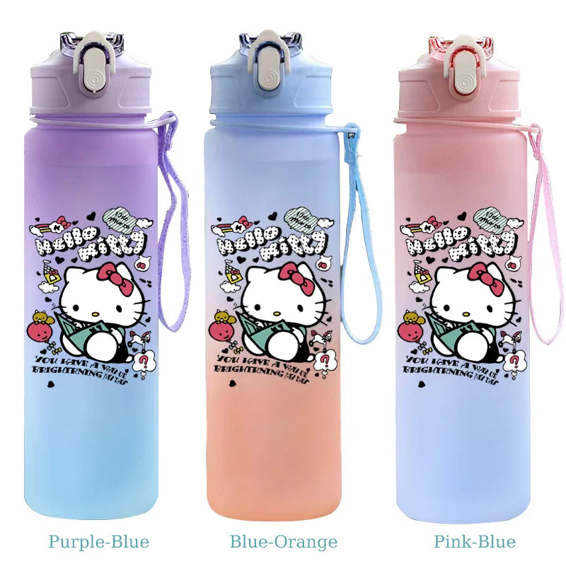 Three colorful water bottles with Hello Kitty design on a white background
