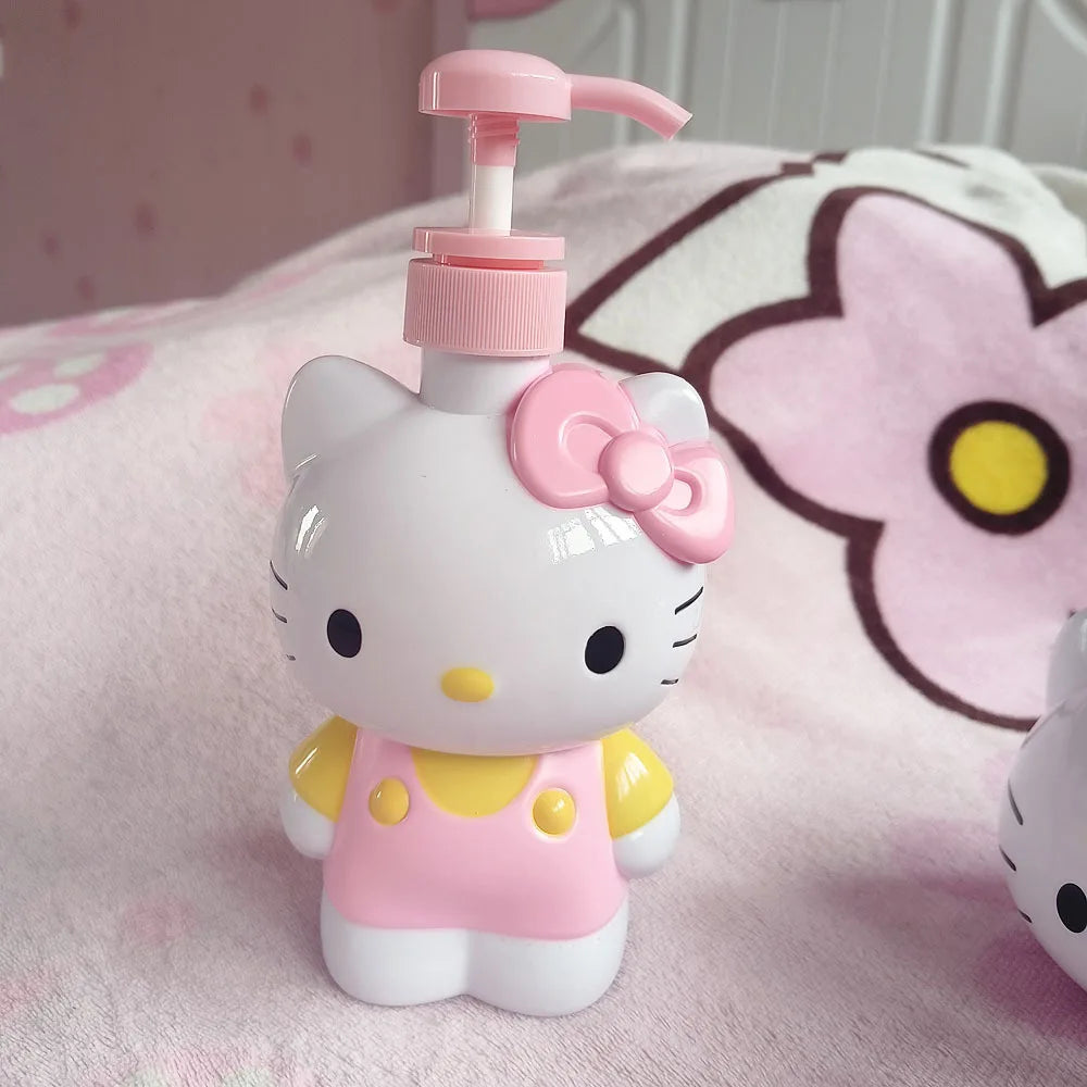 Hello Kitty-themed bottle with pink pump on a soft surface