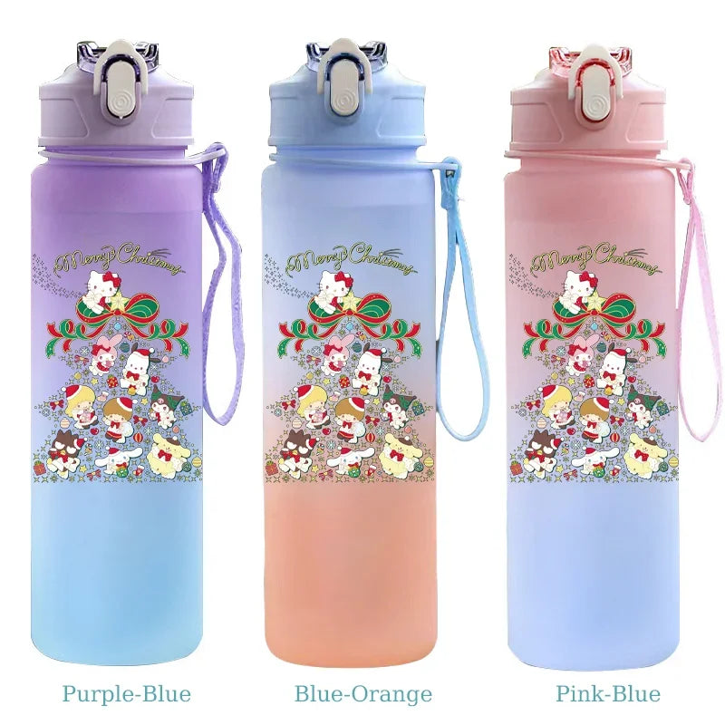 Three colorful water bottles with cartoon designs on a white background