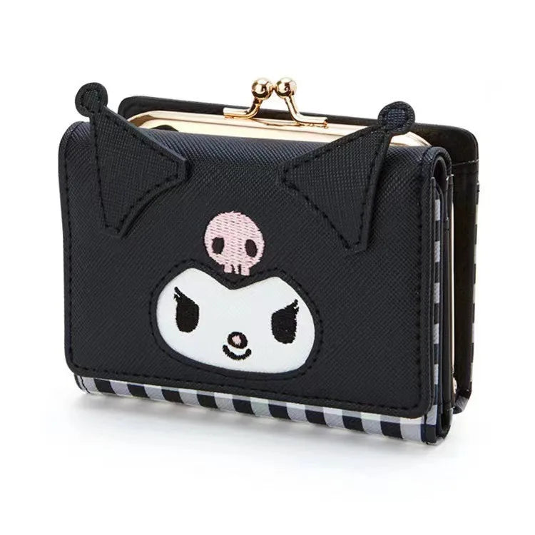 Black wallet with a cartoon character design on a white background