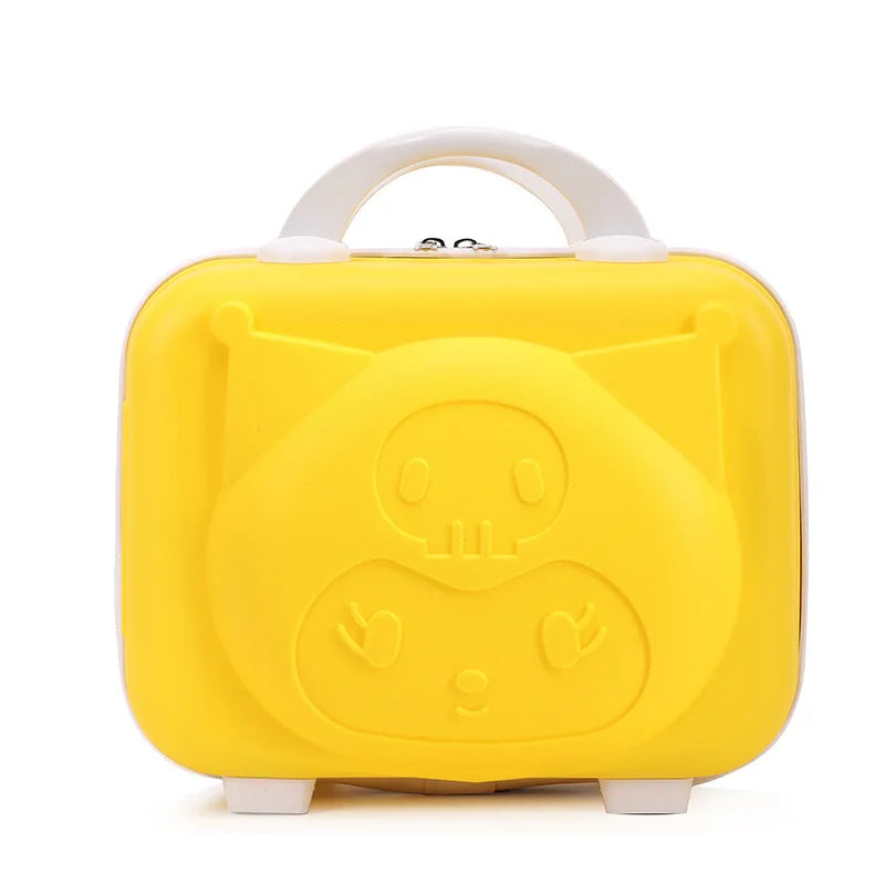 Yellow lunch box with a smiley face design on a white background