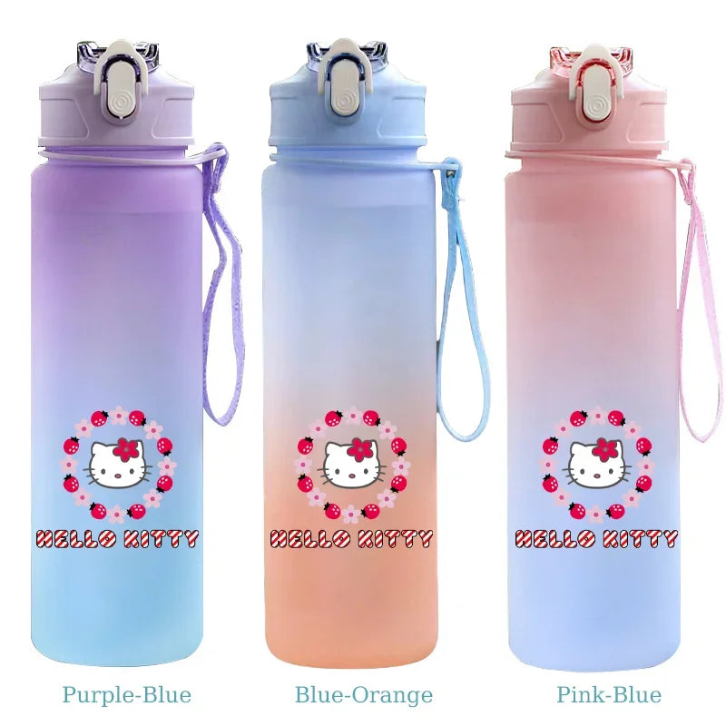 Three gradient water bottles with Hello Kitty design on a white background