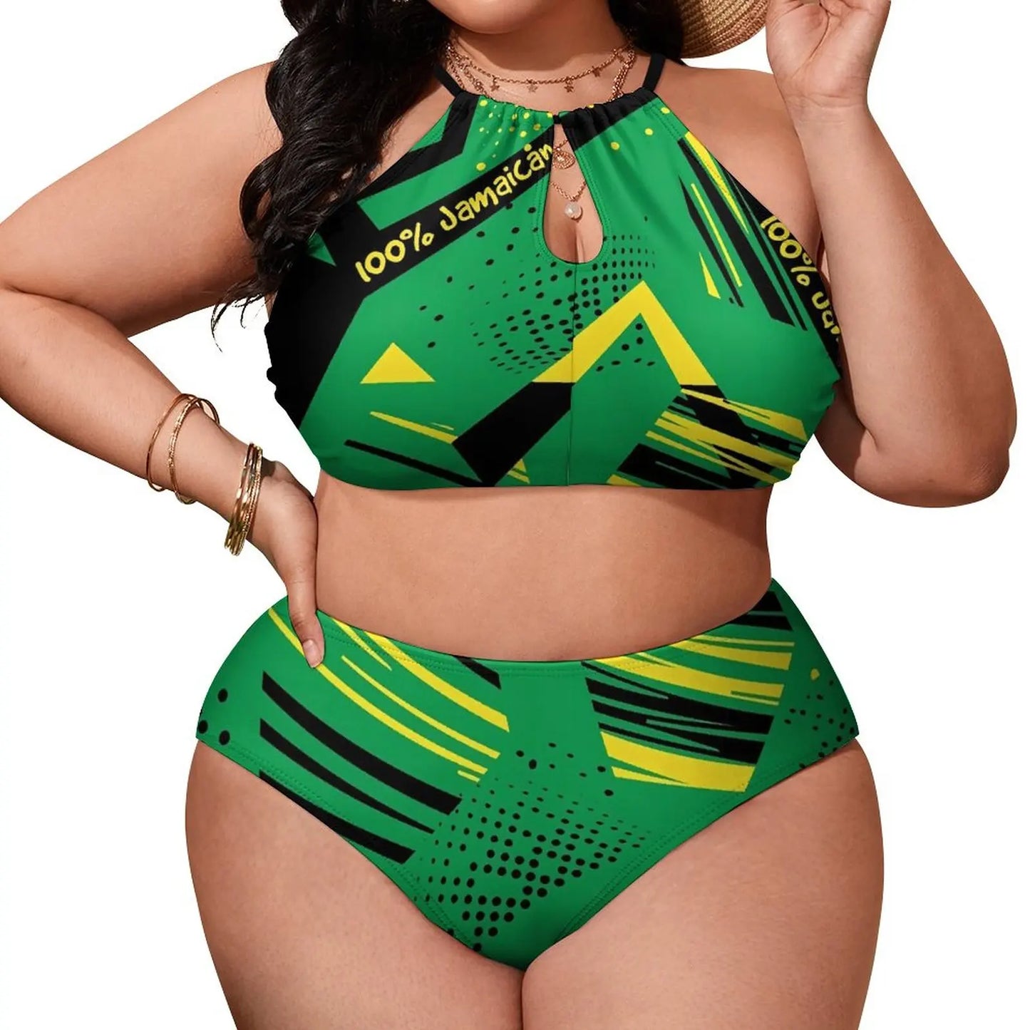 Green and yellow patterned two-piece swimsuit with '100% Jamaica' text on a white background