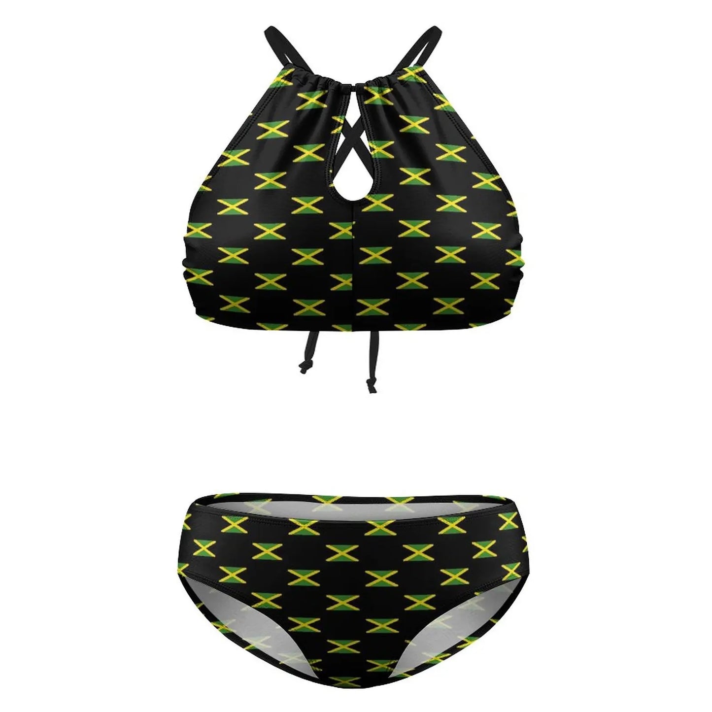 Two-piece swimsuit with Jamaica flag pattern on a white background