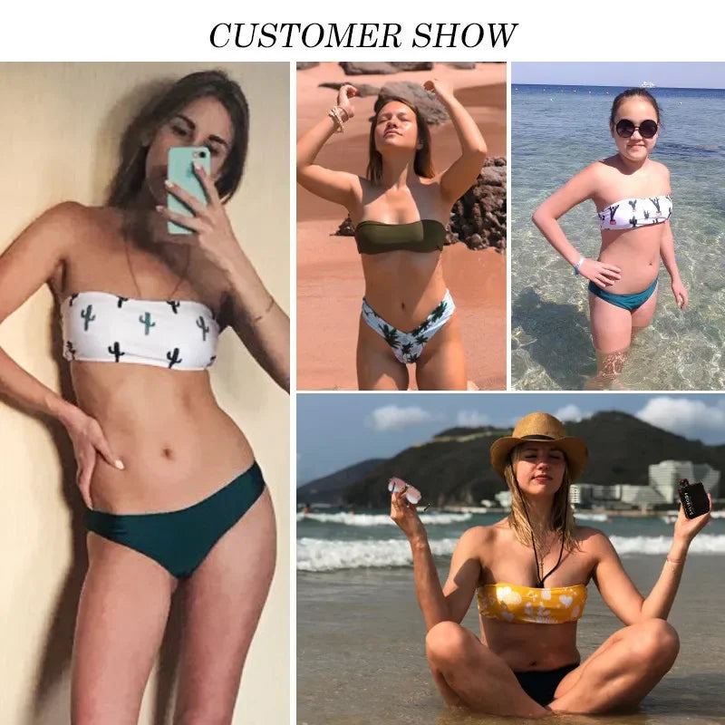 Collage of women wearing various bikinis at the beach.