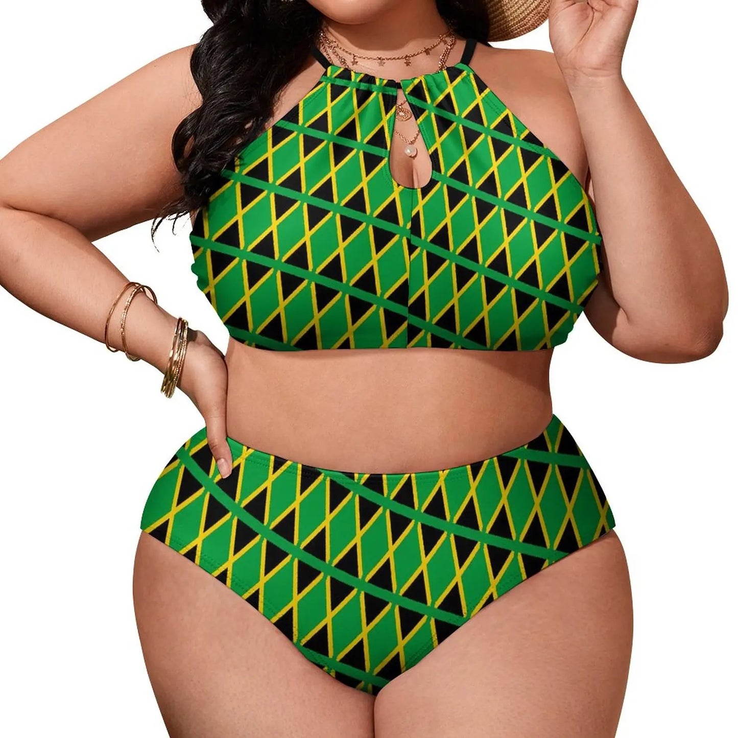 Woman wearing a green and black patterned two-piece outfit on a white background
