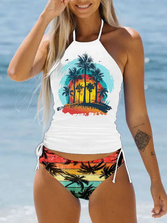 Woman wearing a colorful bikini with palm tree design against a beach background