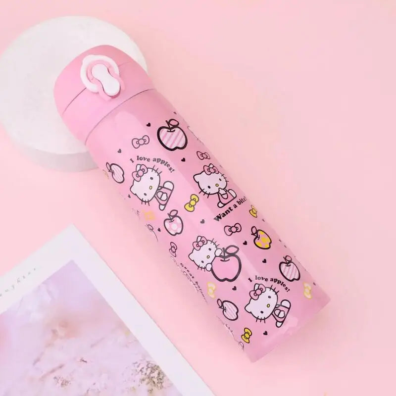 Pink water bottle with Hello Kitty design on a pink background