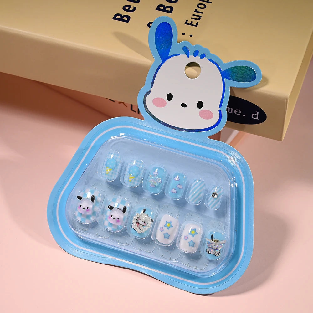 Set of cartoon-themed nail art designs in a blue case with a cute animal design on top.