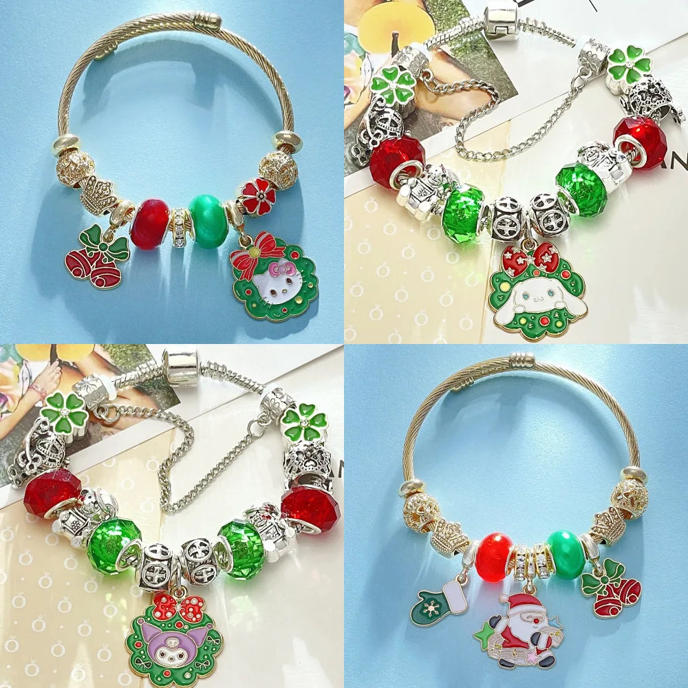Four different views of a colorful bracelet with various charms on a light blue background.
