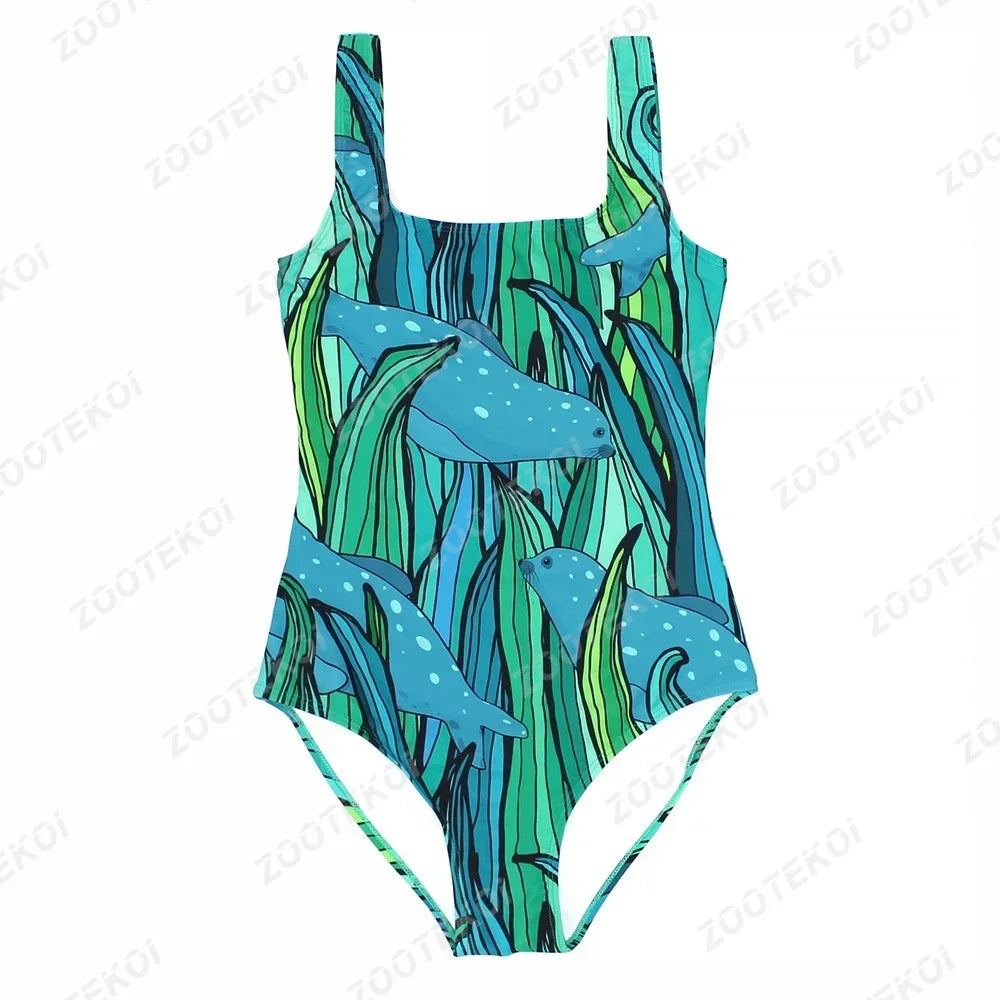 One-piece swimsuit with shark and seaweed pattern on a white background