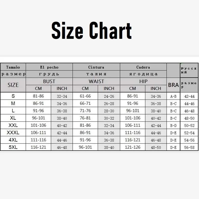 Size chart for clothing measurements in centimeters and inches on a white background