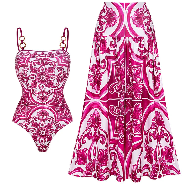Pink and white patterned swimsuit and skirt set on a white background