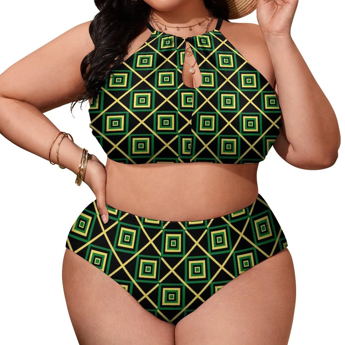 Woman wearing a green and yellow patterned two-piece swimsuit on a white background