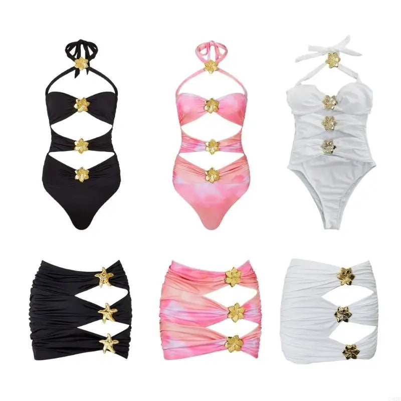 Set of black, pink, and white swimsuits with gold accents on a white background