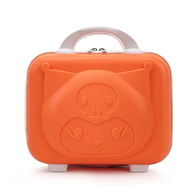 Orange children's suitcase with a cartoon face design on a white background