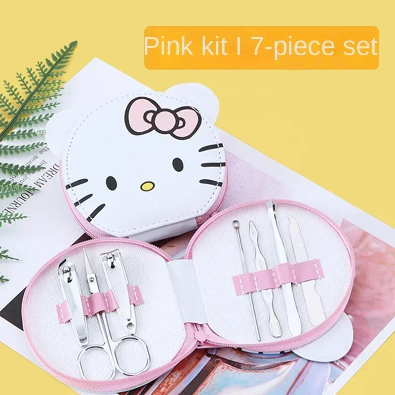 Pink nail care kit with Hello Kitty design on a yellow background