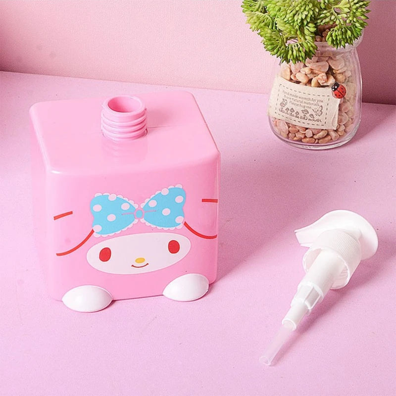 Pink cartoon-shaped bottle with a blue bow on a pink background