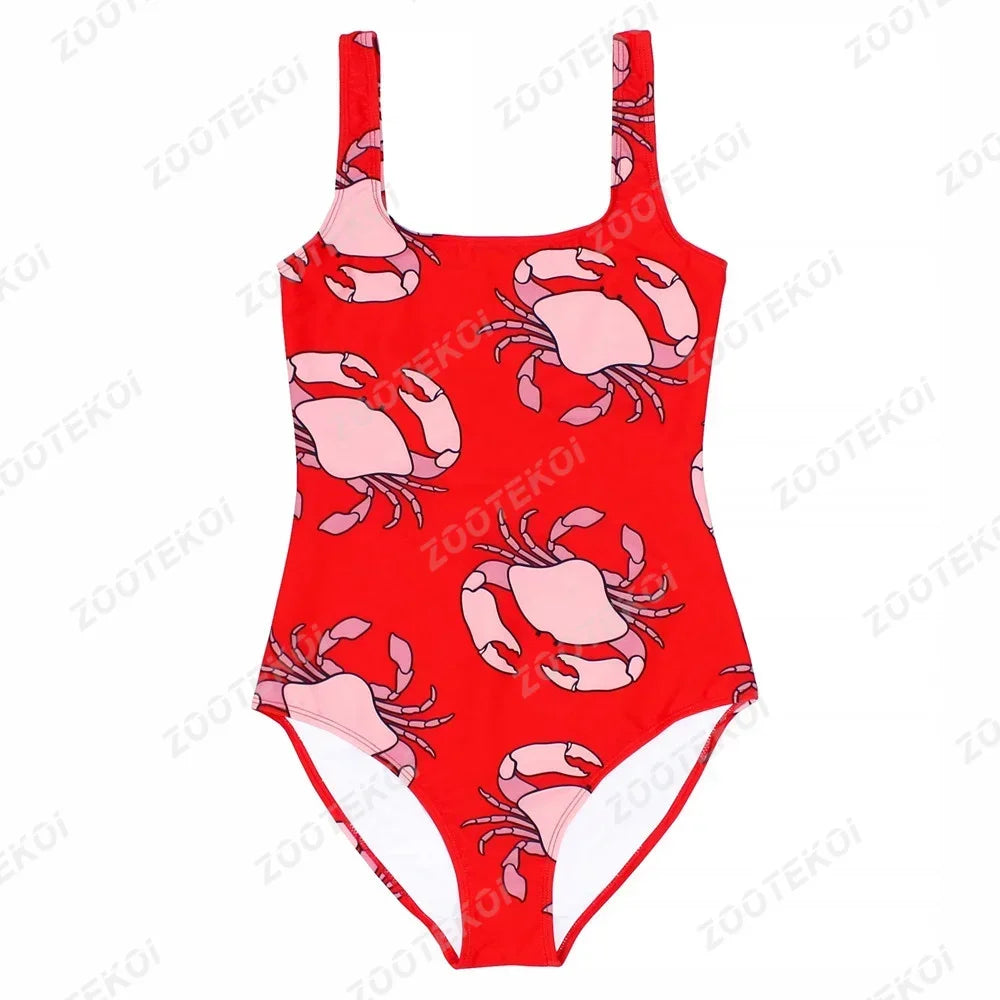Red swimsuit with pink crab pattern on a white background