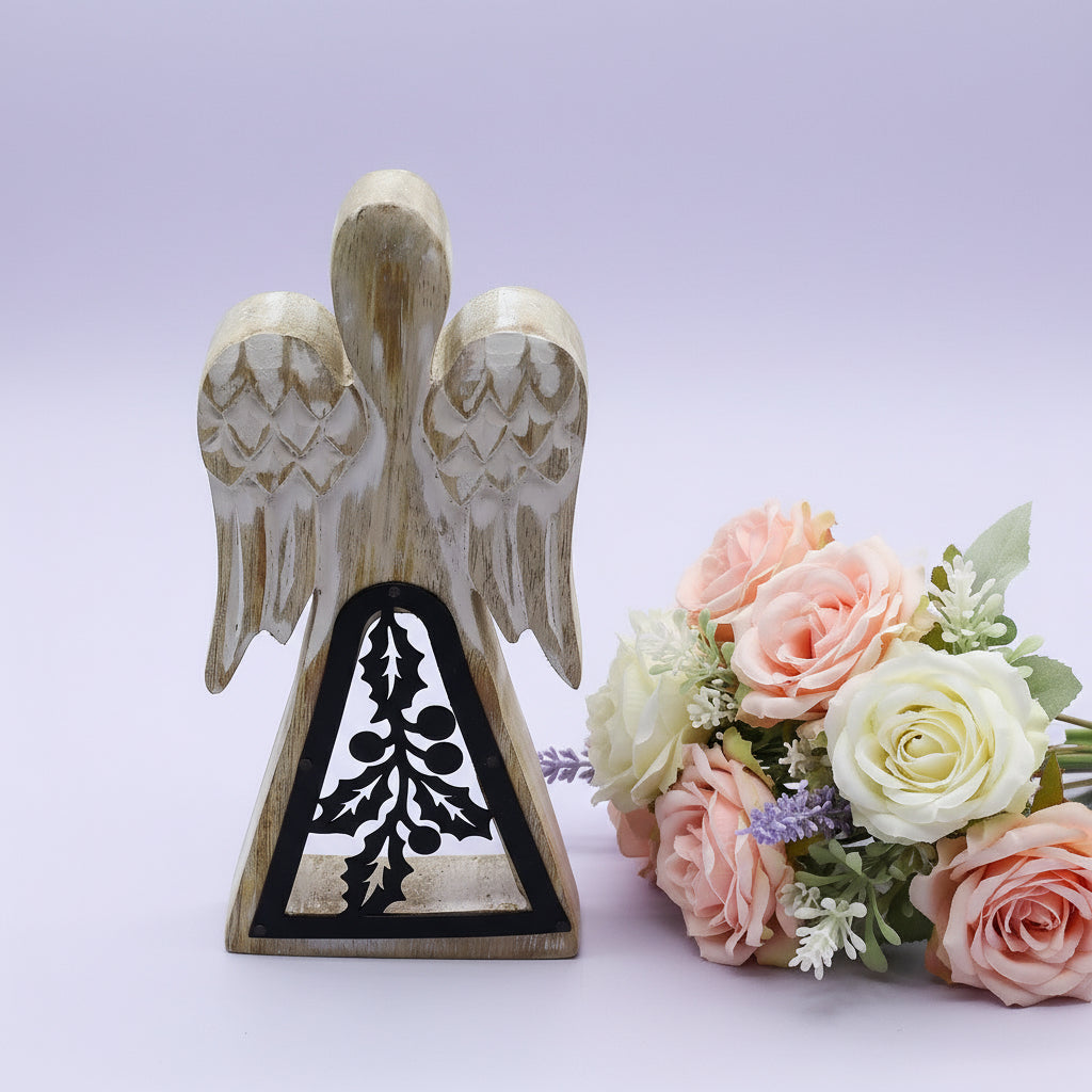 Side view of the Whitewashed Mango Wood Angel With Iron Cut-Out – 18cm Christmas Decor highlighting the elegant silhouette and charming details, making it a delightful Christmas gift for home fragrance lovers.