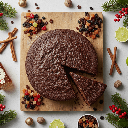Un-iced gluten-free vegan Christmas Jamaican rum fruit cake - ready to decorate yourself with Caribbean rum-soaked fruits