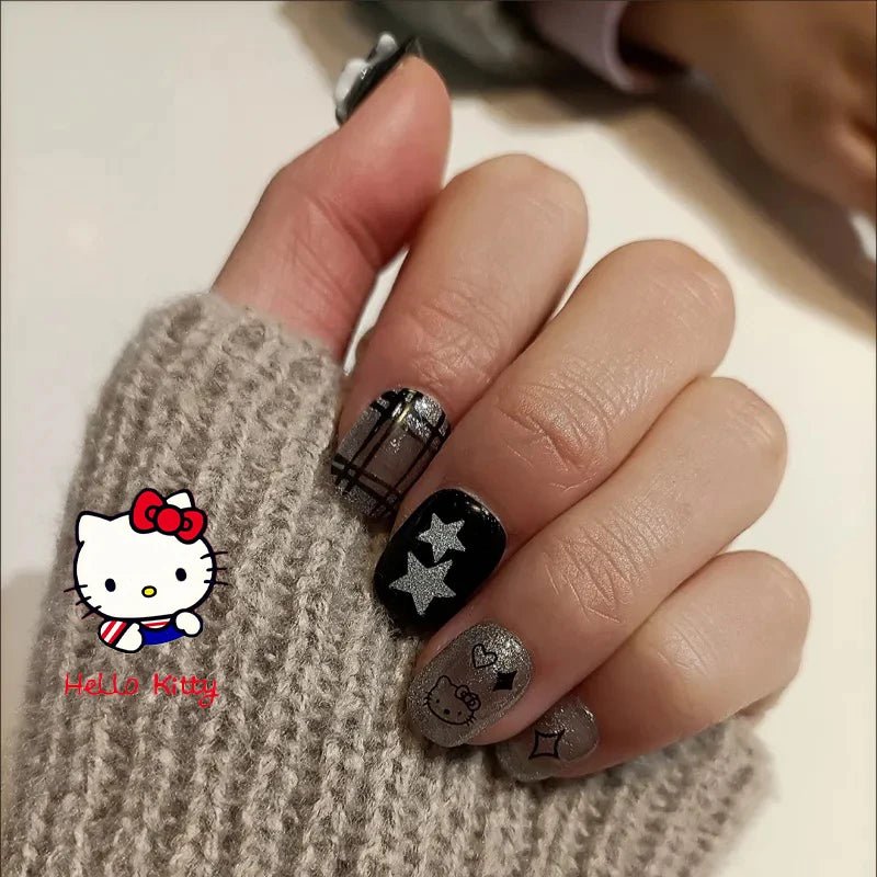 Hello Kitty Black Y2K Press On Nails 10pc DIY Short Minimalist - Cake Pops Parties