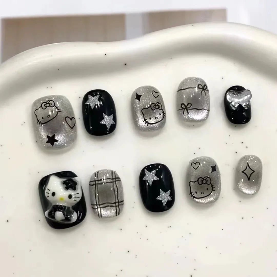 Hello Kitty Black Y2K Press On Nails 10pc DIY Short Minimalist - Cake Pops Parties
